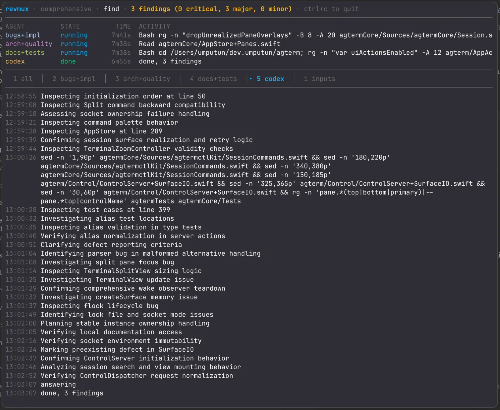 A per-agent tab showing the codex agent's own scrollback, with the findings count broken down by severity in the header