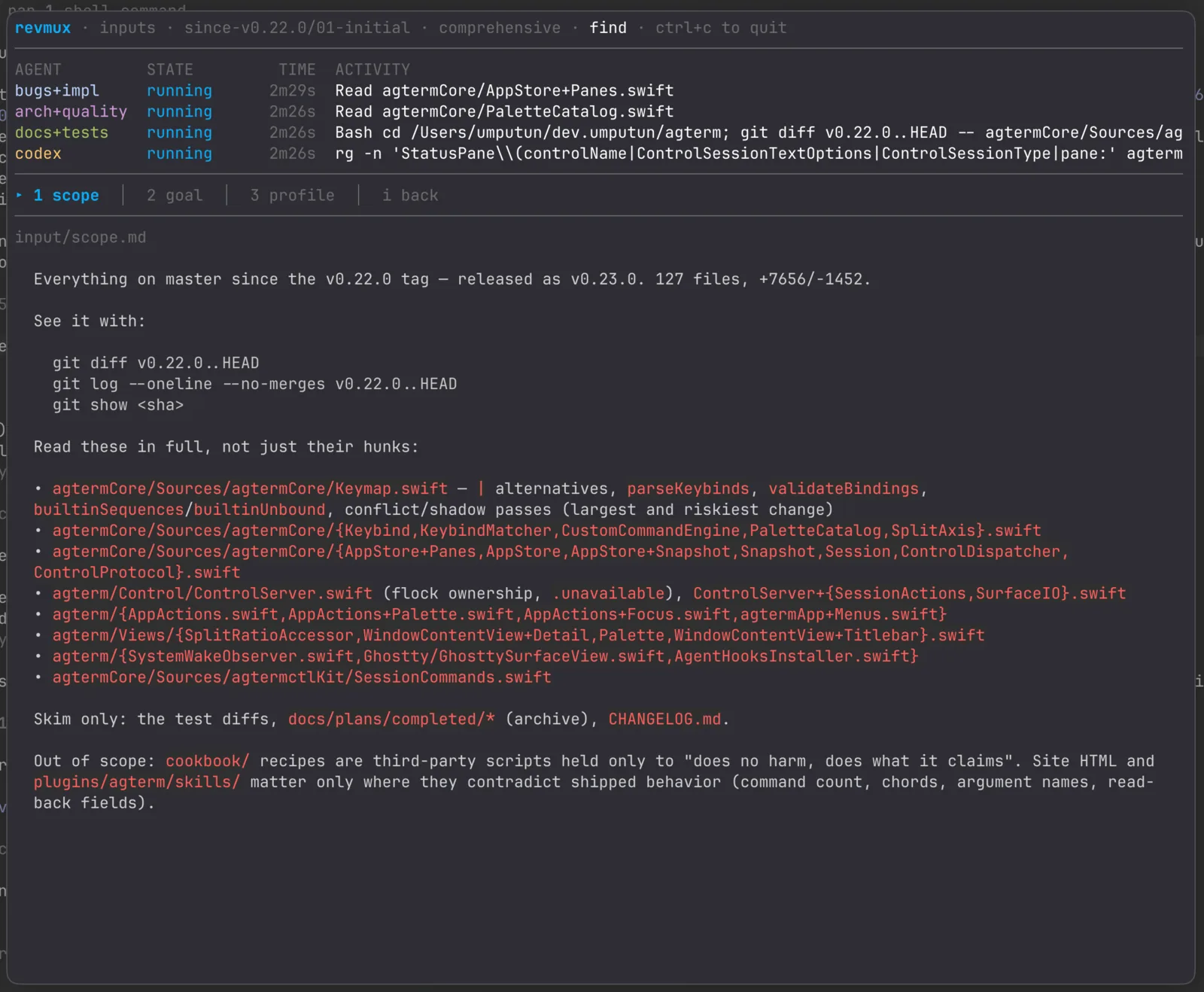The input snapshot view showing the round's scope.md rendered as a markdown document