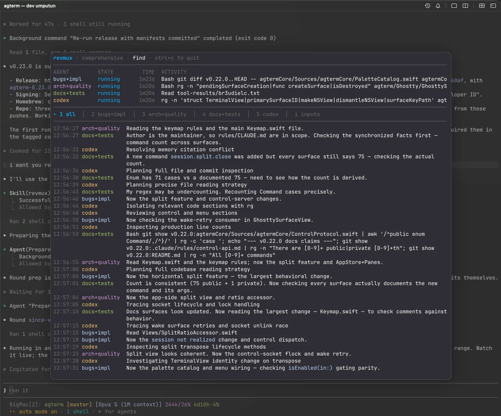 The revmux terminal UI running four agents, shown as a floating overlay above a Claude Code session